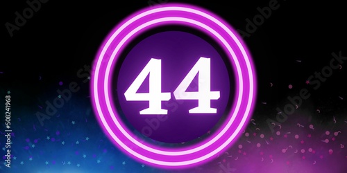 Number 44. Banner with the number forty four on a black background and blue and purple details with a circle purple in the middle photo