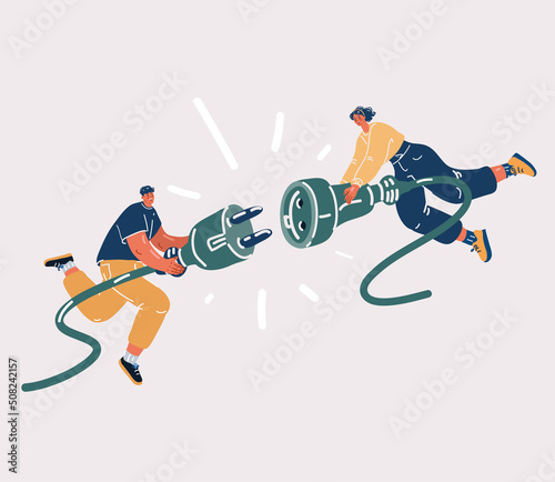 Vector illustration of Internet Connection Disconnected and Error With Person holding unplugged electric power plug. error 404 pages, connection lost page. Man and woman fly in the sky