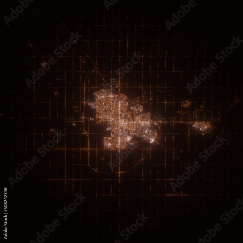 Regina (Canada) street lights map. Satellite view on modern city at night. Imitation of aerial view on roads network from space. 3d render with glow effect