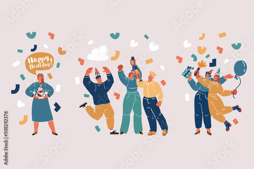 Vector illustration of Party bundle of scenes with people characters. Friends or Drink champagne, hold cake and hold gift box, cracker and air ballon