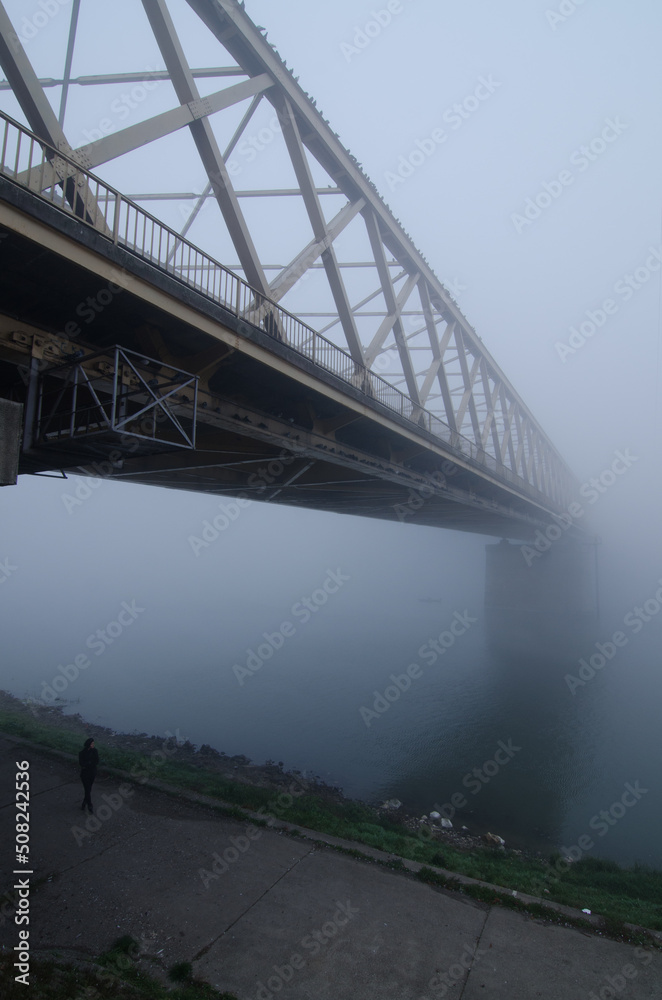 Young woman standing under the bridge on a misty winter day