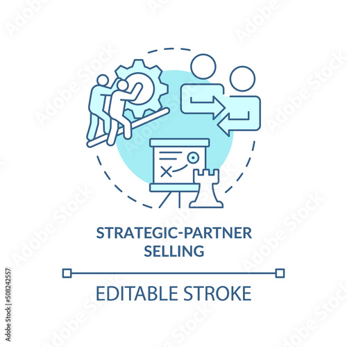 Strategic-partner selling turquoise concept icon. Sales strategy abstract idea thin line illustration. Cooperation. Isolated outline drawing. Editable stroke. Arial, Myriad Pro-Bold fonts used