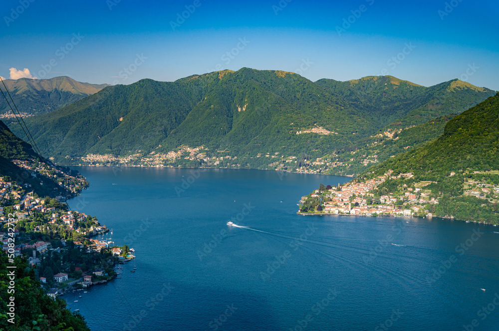 Panorama on Lake Como, with Bellagio, Tremezzina and Villa Balbianello, photographed from the Alpe di Cainallo.
