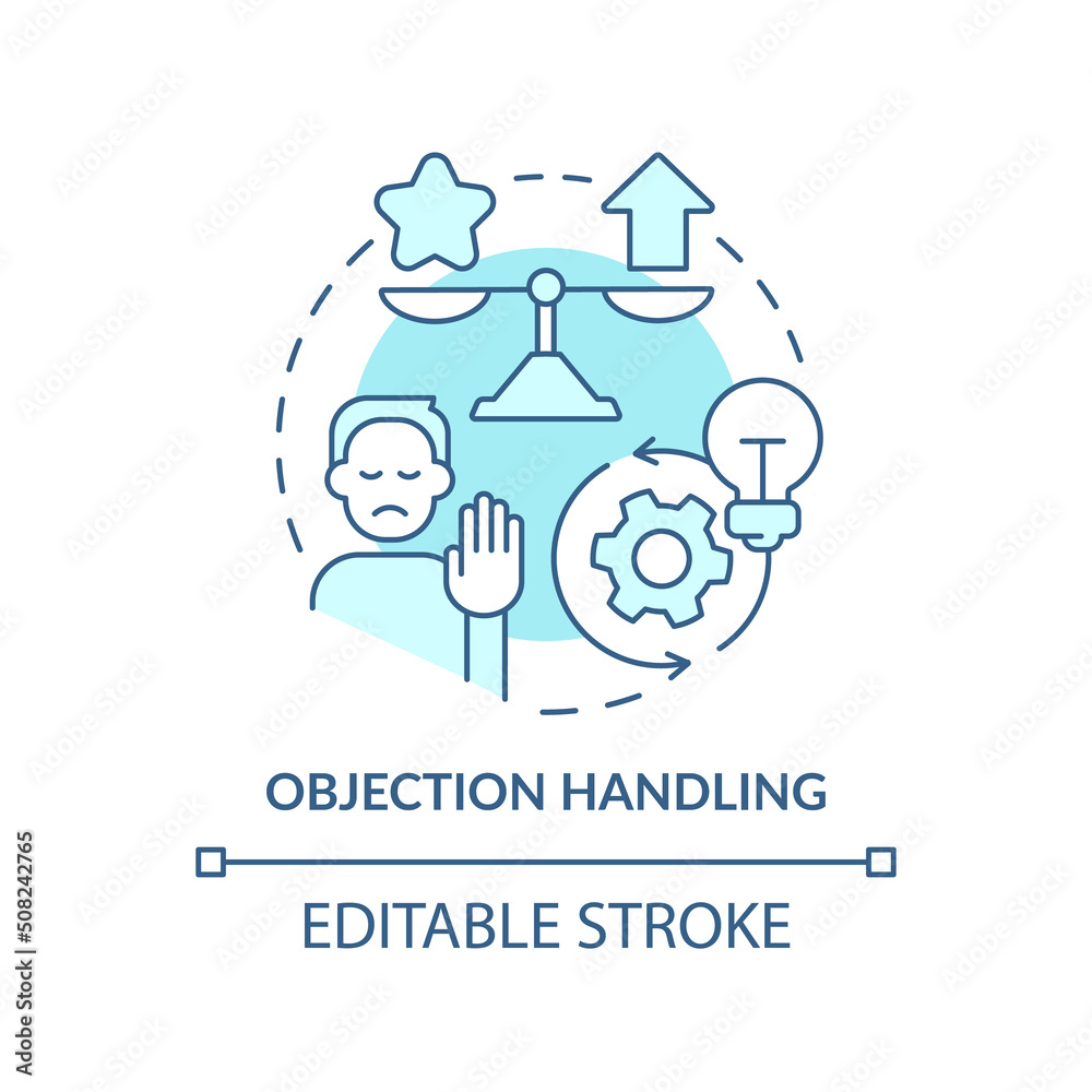 Objection handling turquoise concept icon. Sales process abstract idea thin line illustration. Customer satisfaction. Isolated outline drawing. Editable stroke. Arial, Myriad Pro-Bold fonts used