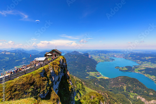 Amazing view from Schafberg by St. Sankt Wolfgang im in Salzkammergut, Haus house Schafbergspitze, lake Mondsee, Moonlake. Blue sky, alps mountains. Upper Austria, Salzburg, near Wolfgangsee, Attersee