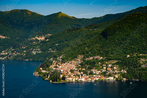 Panorama on Lake Como, with Bellagio, Tremezzina and Villa Balbianello, photographed from the Alpe di Cainallo. 
