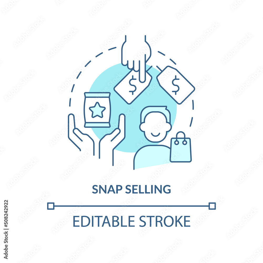 SNAP selling turquoise concept icon. Sales technique abstract idea thin line illustration. Sell products to modern buyers. Isolated outline drawing. Editable stroke. Arial, Myriad Pro-Bold fonts used