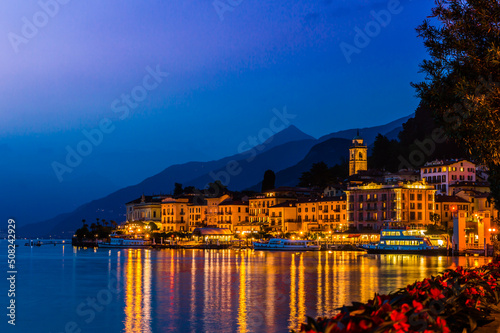 The village of Bellagio, on Lake Como, on a summer night. 
