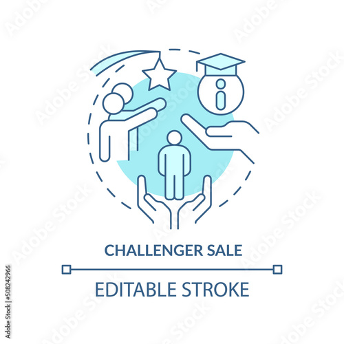 Challenger sale turquoise concept icon. Highly effective selling technique abstract idea thin line illustration. Isolated outline drawing. Editable stroke. Arial, Myriad Pro-Bold fonts used