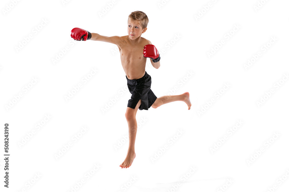 Punching. Little boy, kid in sports shots and gloves practicing thai boxing on white studio background. Sport, education, action, motion concept.
