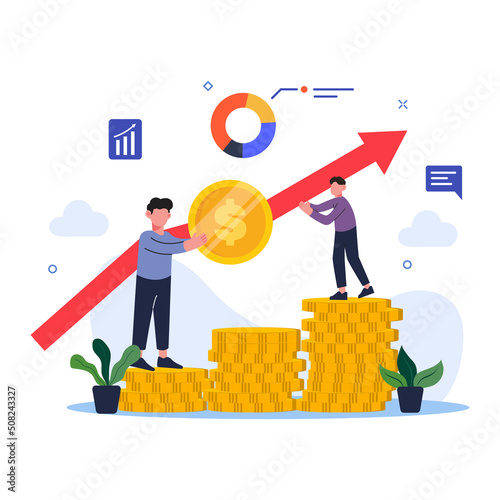 Investor with laptop monitoring growth of dividends. trader sitting on stack of money, investing capital, analyzing profit graphs. vector illustration for finance, stock trading, investment