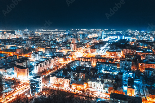 Top view of the night modern city. Bright lights of the night streets. Ekaterinburg. Russia © ArtEvent ET