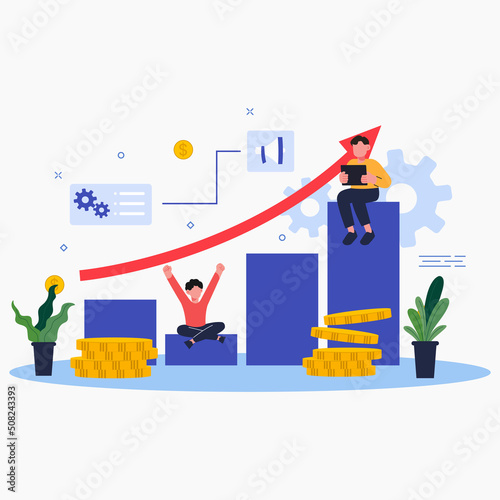 Investor with laptop monitoring growth of dividends. trader sitting on stack of money, investing capital, analyzing profit graphs. vector illustration for finance, stock trading, investment