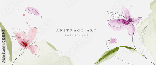 Abstract art background vector. Minimal style wallpaper with line art, flowers, foliage, and botanical leaves, watercolor. Blossom vector background for banner, poster, web and packaging.