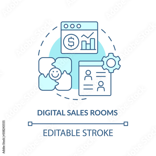 Digital sales rooms turquoise concept icon. Selling tool abstract idea thin line illustration. Virtual channels. Isolated outline drawing. Editable stroke. Arial, Myriad Pro-Bold fonts used