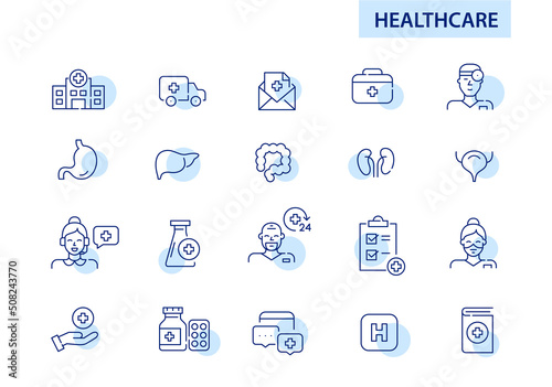 Healthcare and hospital medical service icons set. Pixel perfect, editable stroke line art