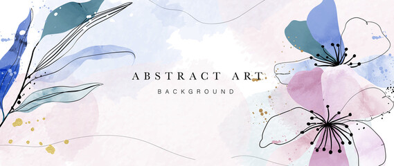 Abstract art background vector. Luxury minimal style wallpaper with golden line art, flower and botanical leaves, watercolor. Elegant vector background for banner, poster, web and packaging.