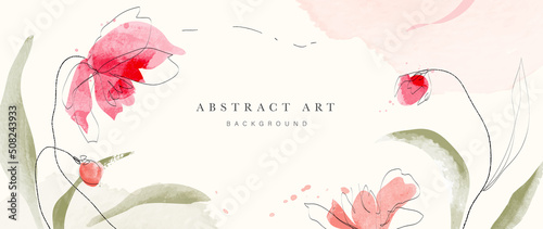 Abstract art background vector. Minimal style wallpaper with line art, flowers, foliage, and botanical leaves, watercolor. Blossom vector background for banner, poster, web and packaging.
