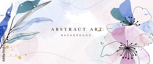 Abstract art background vector. Luxury minimal style wallpaper with golden line art, flower and botanical leaves, watercolor. Elegant vector background for banner, poster, web and packaging.