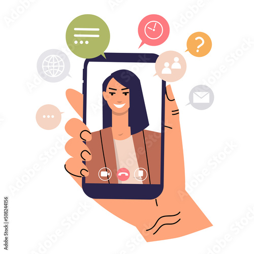 Young woman with speech bubbles on smartphone screen with video call icon. Human hand holds a phone. Concept of online conversation, chat, conference, meeting, video communication. Flat vector.
