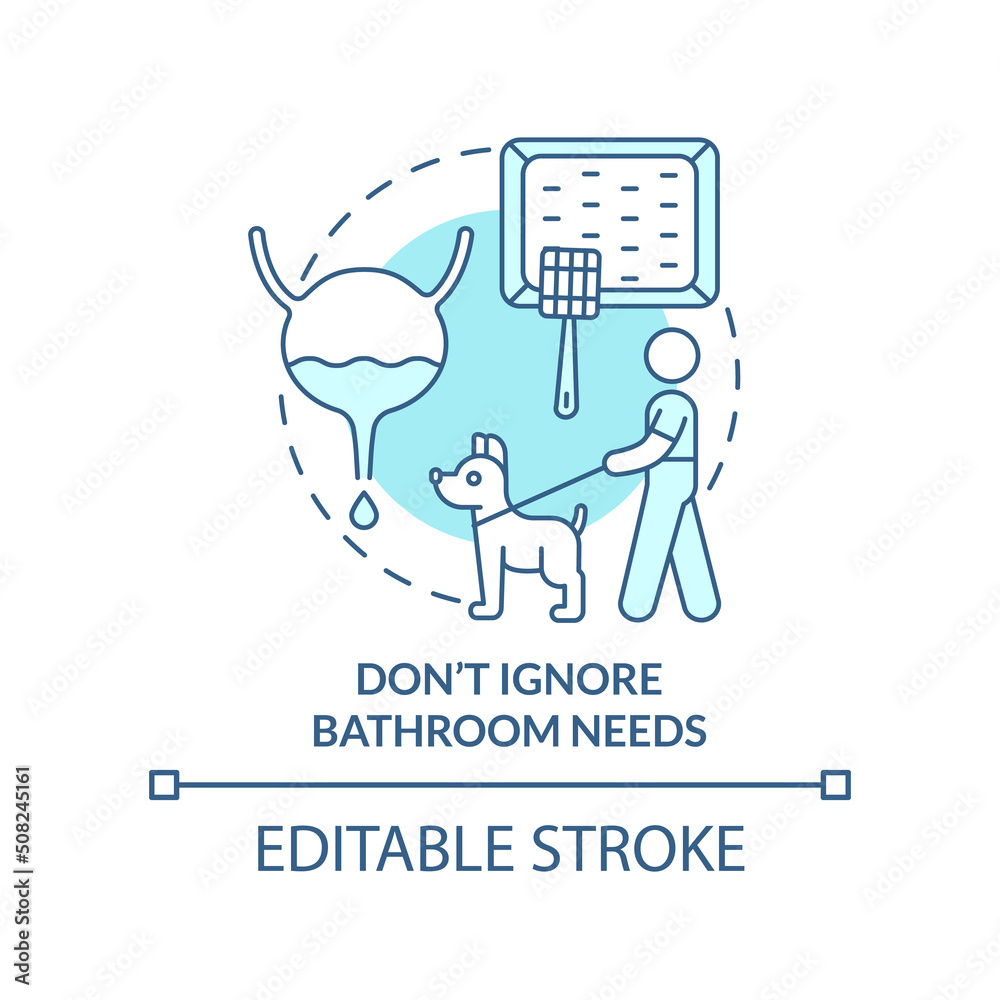 Do not ignore bathroom needs turquoise concept icon. Road trip with pets advice abstract idea thin line illustration. Isolated outline drawing. Editable stroke. Arial, Myriad Pro-Bold fonts used
