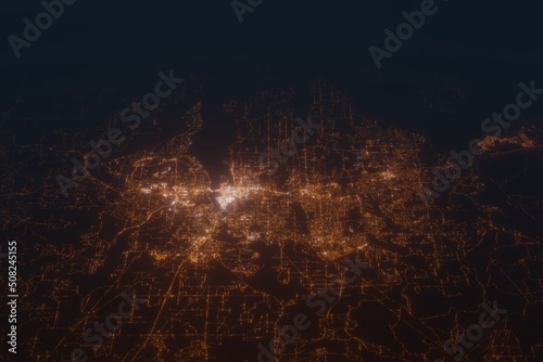 Aerial shot of Olympia (Washington, USA) at night, view from south. Imitation of satellite view on modern city with street lights and glow effect. 3d render
