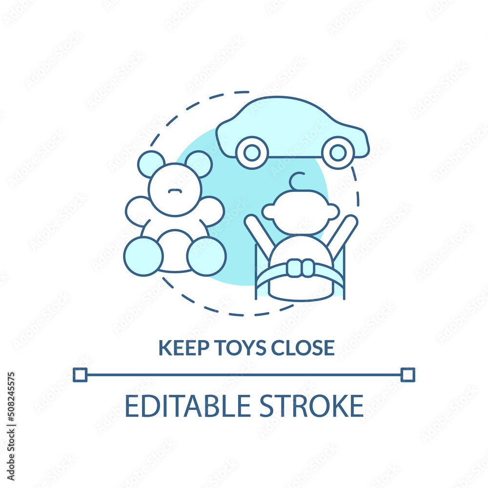 Keep toys close turquoise concept icon. Happy child. Trip with toddlers advice abstract idea thin line illustration. Isolated outline drawing. Editable stroke. Arial, Myriad Pro-Bold fonts used Keep toys close turquoise concept icon. Happy child. Trip with toddlers advice abstract idea thin line illustration. Isolated outline drawing. Editable stroke. Arial, Myriad Pro-Bold fonts used