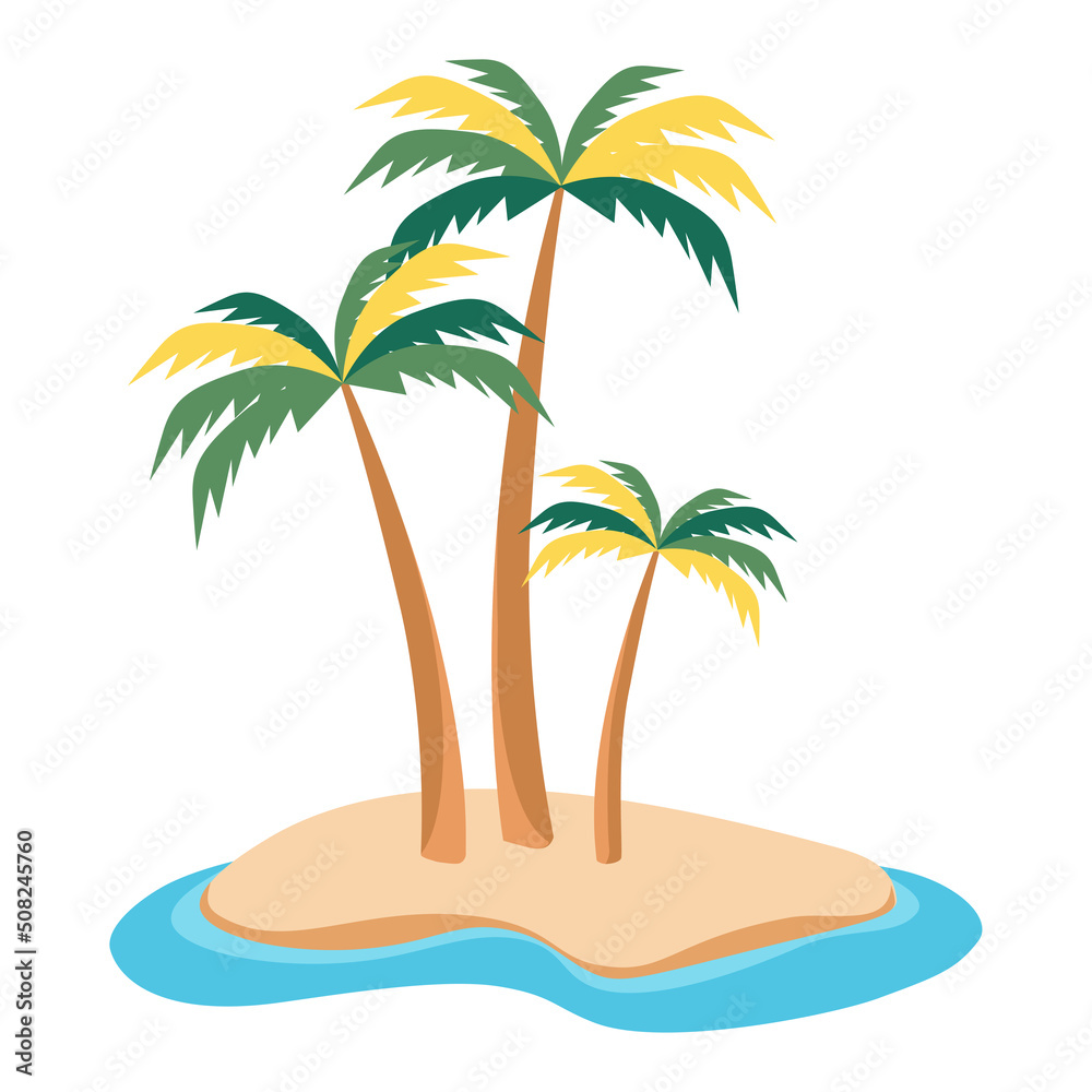 Three palm trees standing on a little island that surrounded by the sea. Vector illustration. Flat style