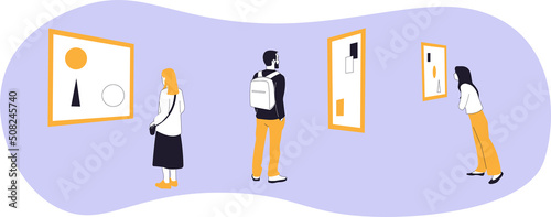 Young people looking at the pictures while visiting art gallery. Vector illustration. Flat style