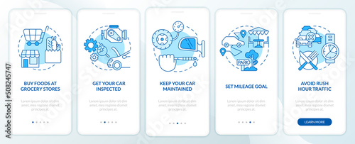 Road trip tips blue onboarding mobile app screen. Car travel walkthrough 5 steps editable graphic instructions with linear concepts. UI, UX, GUI template. Myriad Pro-Bold, Regular fonts used