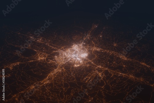 Aerial shot of Zaragoza (Spain) at night, view from south. Imitation of satellite view on modern city with street lights and glow effect. 3d render