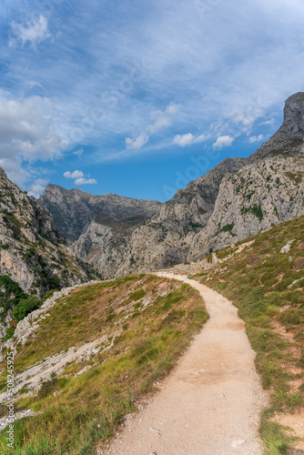 hiking path in nature with mountains and a cloudy blue sky in the background