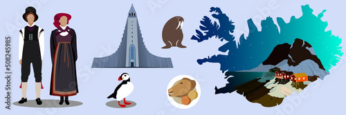 Set of ideas Iceland. Characters in national clothes, a map of Iceland depicting a village with northern lights, the Church of Hallgrimur, a dish "svid" puffin bird, walrus. vector illustration