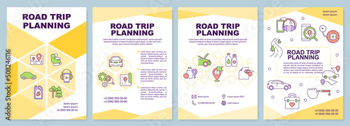 Road trip planning brochure template. Car tourism. Leaflet design with linear icons. Editable 4 vector layouts for presentation, annual reports. Arial-Black, Myriad Pro-Regular fonts used
