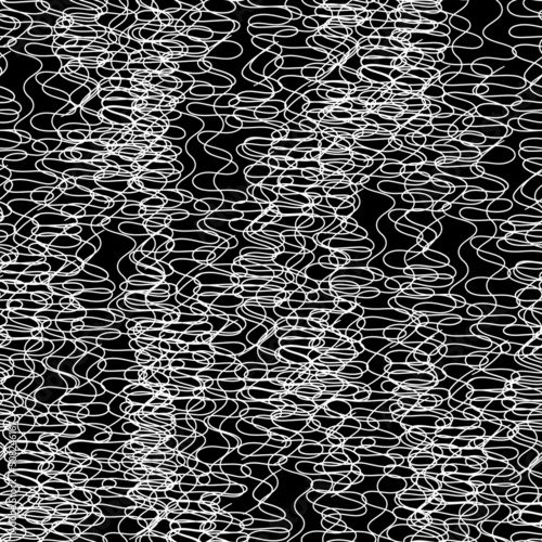 Seamless wallpaper with inky chaotic doodle pattern on black square background