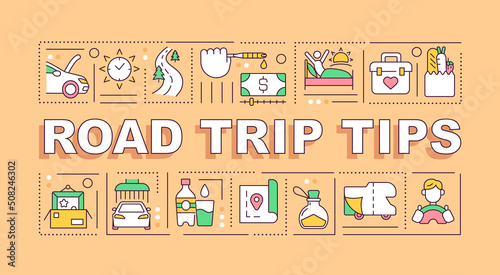 Road trip tips word concepts orange banner. Car travel. Infographics with editable icons on color background. Isolated typography. Vector illustration with text. Arial-Black font used