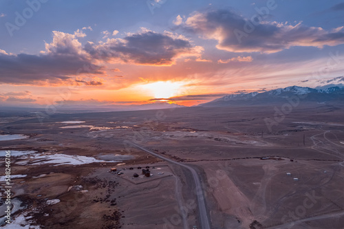 Sunset drone aerial view Beautiful mountains Chuysky tract Altai Siberia Russia Kosh-Agach