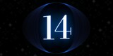 Number 14. Banner with the number fourteen on a black background and white stars with a circle blue in the middle
