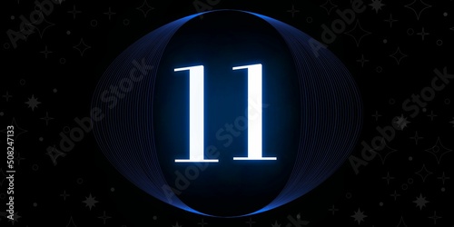 Number 11. Banner with the number eleven on a black background and white stars with a circle blue in the middle photo