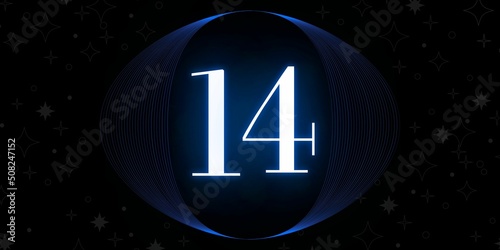 Number 14. Banner with the number fourteen on a black background and white stars with a circle blue in the middle photo