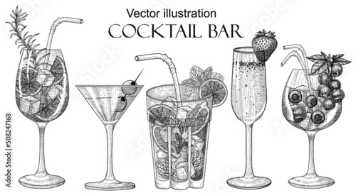 Vector set of 5 different cold drinks in glasses in engraving style. Graphic linear aperol spritz, mojito, strawberry champagne, berry cocktail, martini