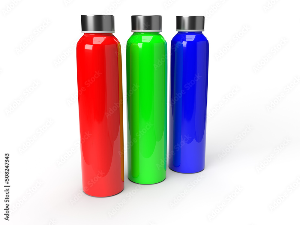 Rendering of three bottles in the order red, green, blue, the primary colors of the additive RGB color space. 3D renderin Rendering of three bottles in the order red, green, blue, the primary colors of the additive RGB color space. 3D renderin