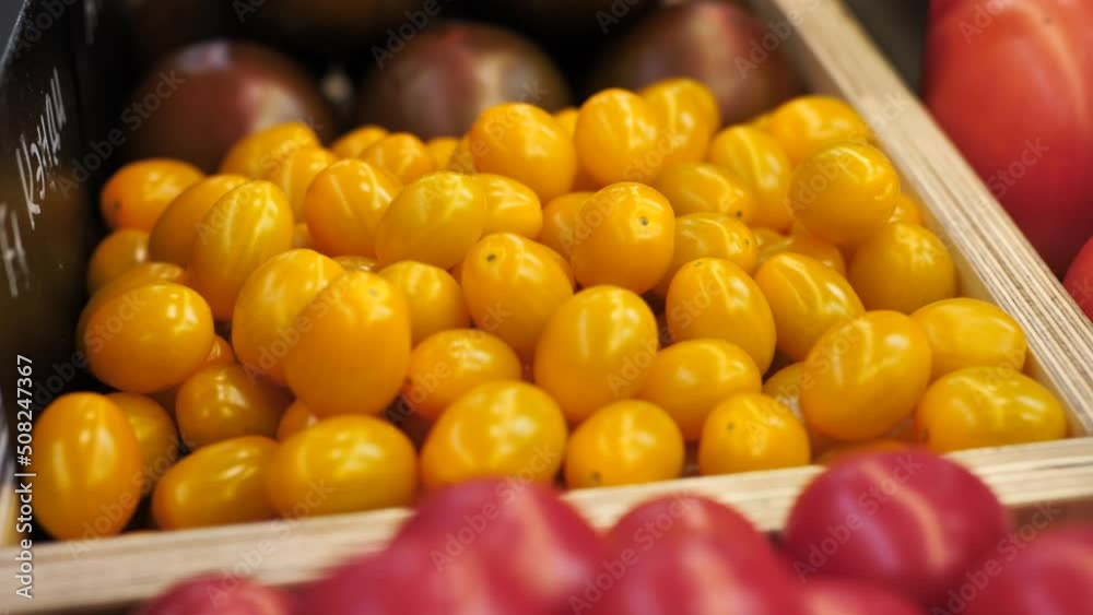 red ,pink, yellow tomato in wooden box red ,pink, yellow tomato in wooden box