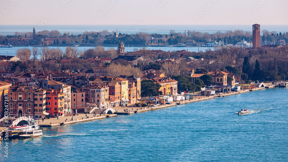Obraz premium Venice panoramic aerial view with red roofs, Veneto, Italy. Aerial view with dense medieval red roofs of Venice, Italy