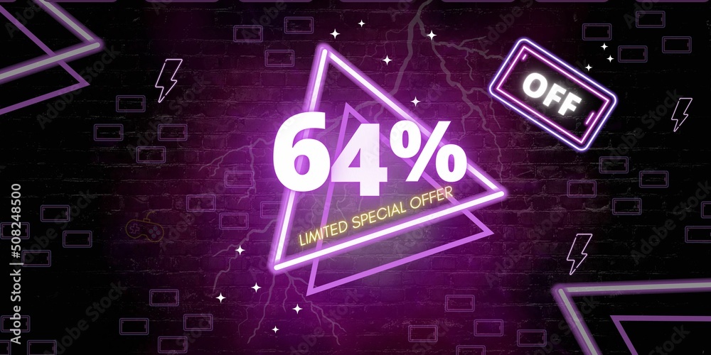 64% off limited special offer. Banner with sixty four percent discount on a black background with purple triangles neon