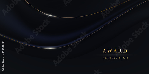 Abstract black and gold waves design element and shiny effect on dark background. Luxurious glowing stripes. Award background. Background for presentation, brochure, booklet, poster. Vector