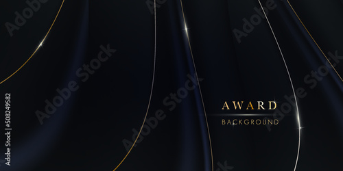 Abstract black and gold waves design element and shiny effect on dark background. Luxurious glowing stripes. Award background. Background for presentation, brochure, booklet, poster. Vector