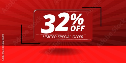 32% off limited special offer. Banner with thirty two percent discount on a red background with white square and red