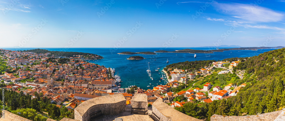 Panorama view at amazing archipelago in front of town Hvar, Croatia. Harbor of old Adriatic island town Hvar. Amazing Hvar city on Hvar island, Croatia. High resolution photo of Hvar town, Croatia.