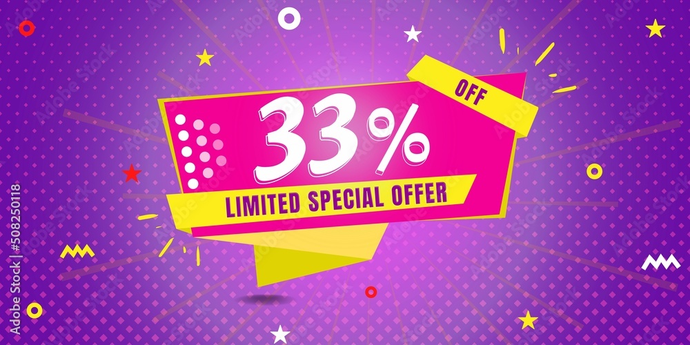 33% off limited special offer. Banner with thirty three percent discount on a  purple background with yellow square and pink